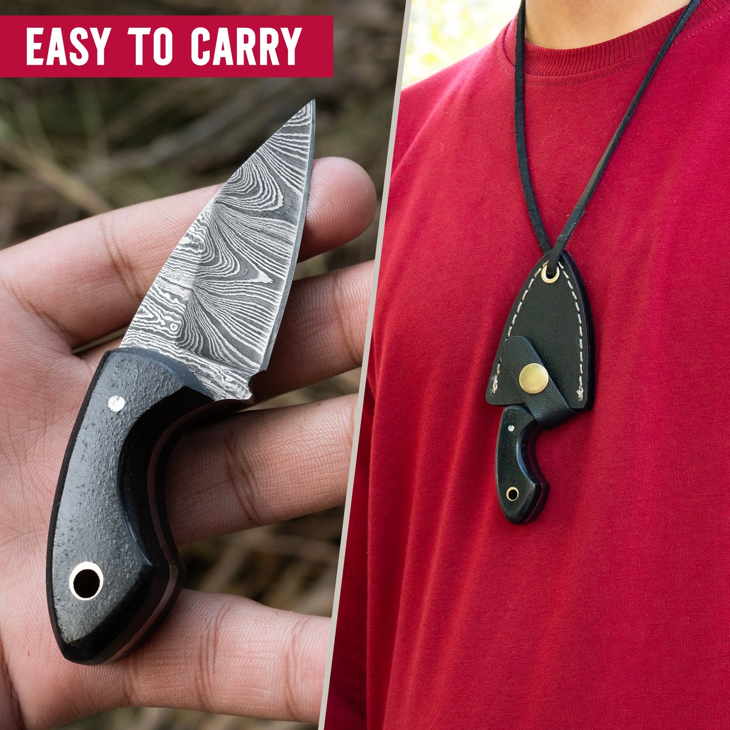 Damascus Neck Knife with Leather Sheath
