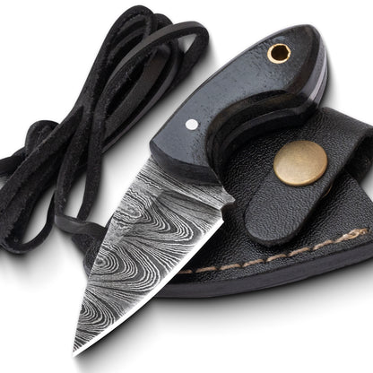 Damascus Neck Knife with Leather Sheath