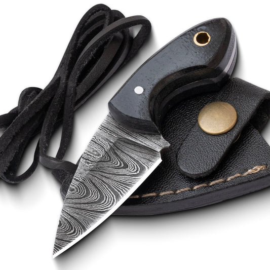 Damascus Neck Knife with Leather Sheath
