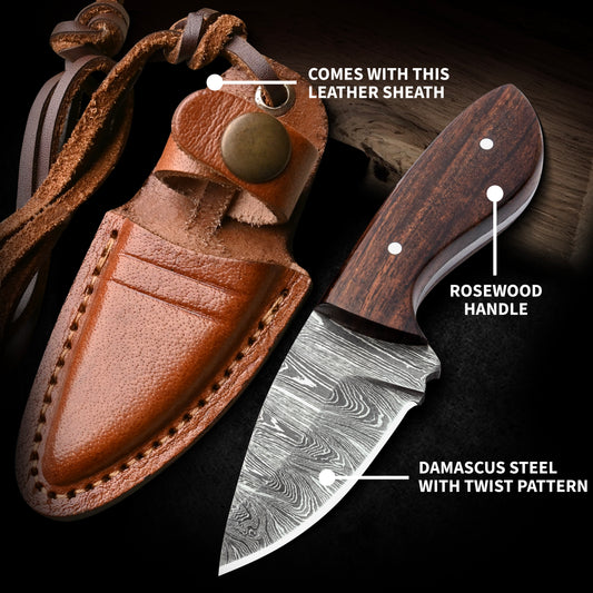 Damascus Neck Knife with Leather Sheath