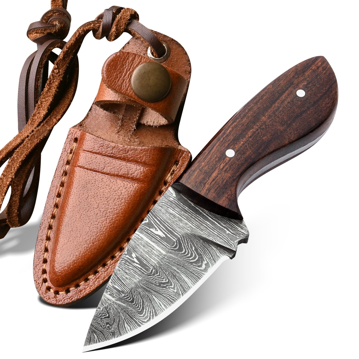 Damascus Neck Knife with Leather Sheath