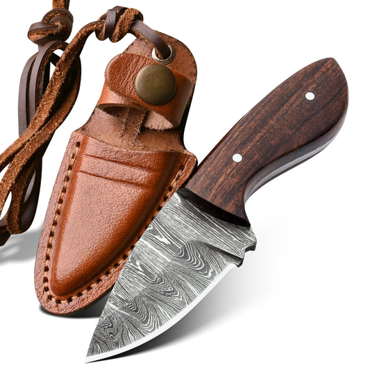 Damascus Neck Knife with Leather Sheath